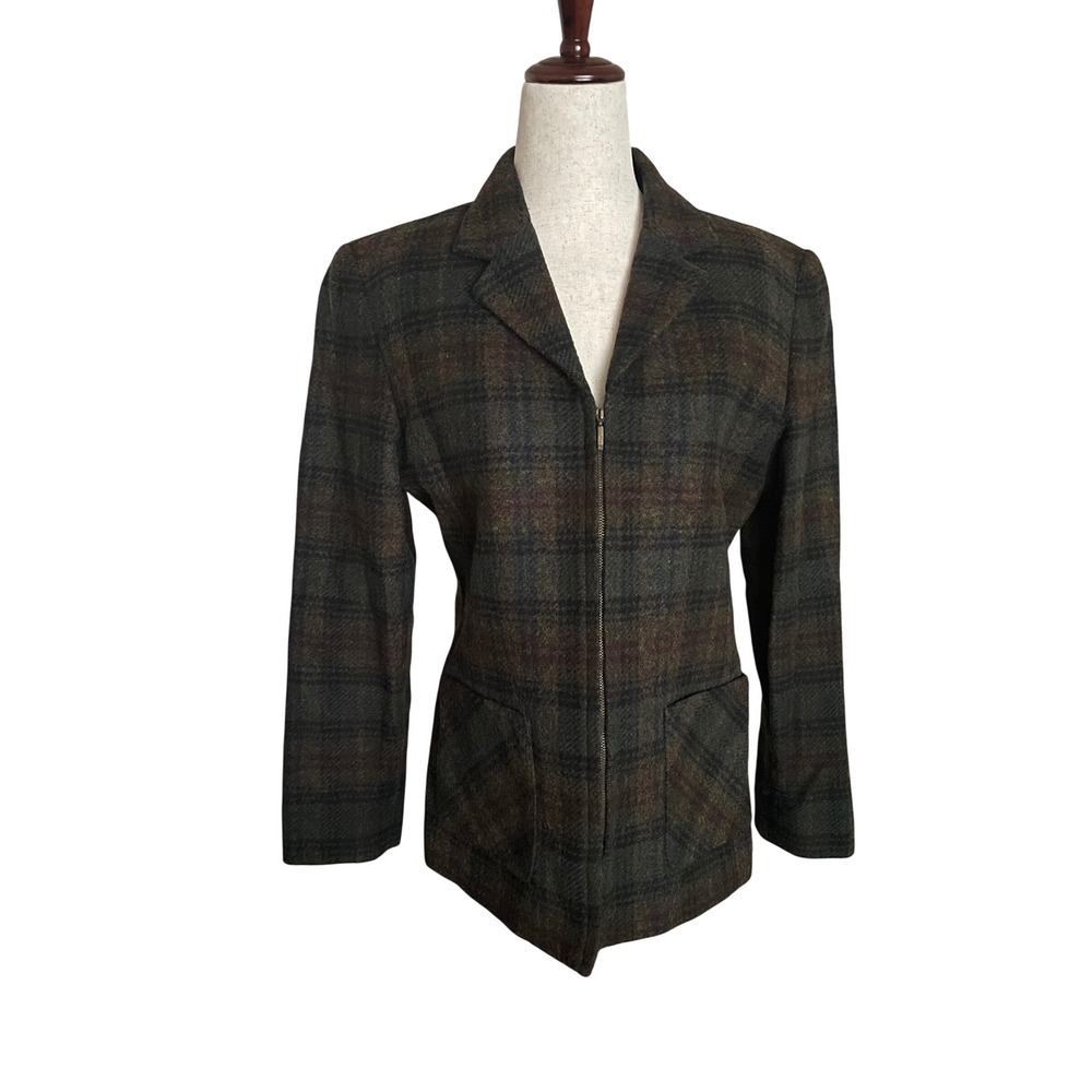 VTG Brown Blazer Jacket Plaid Wool Zip Jacket 4P Heritage Old Money Librarian